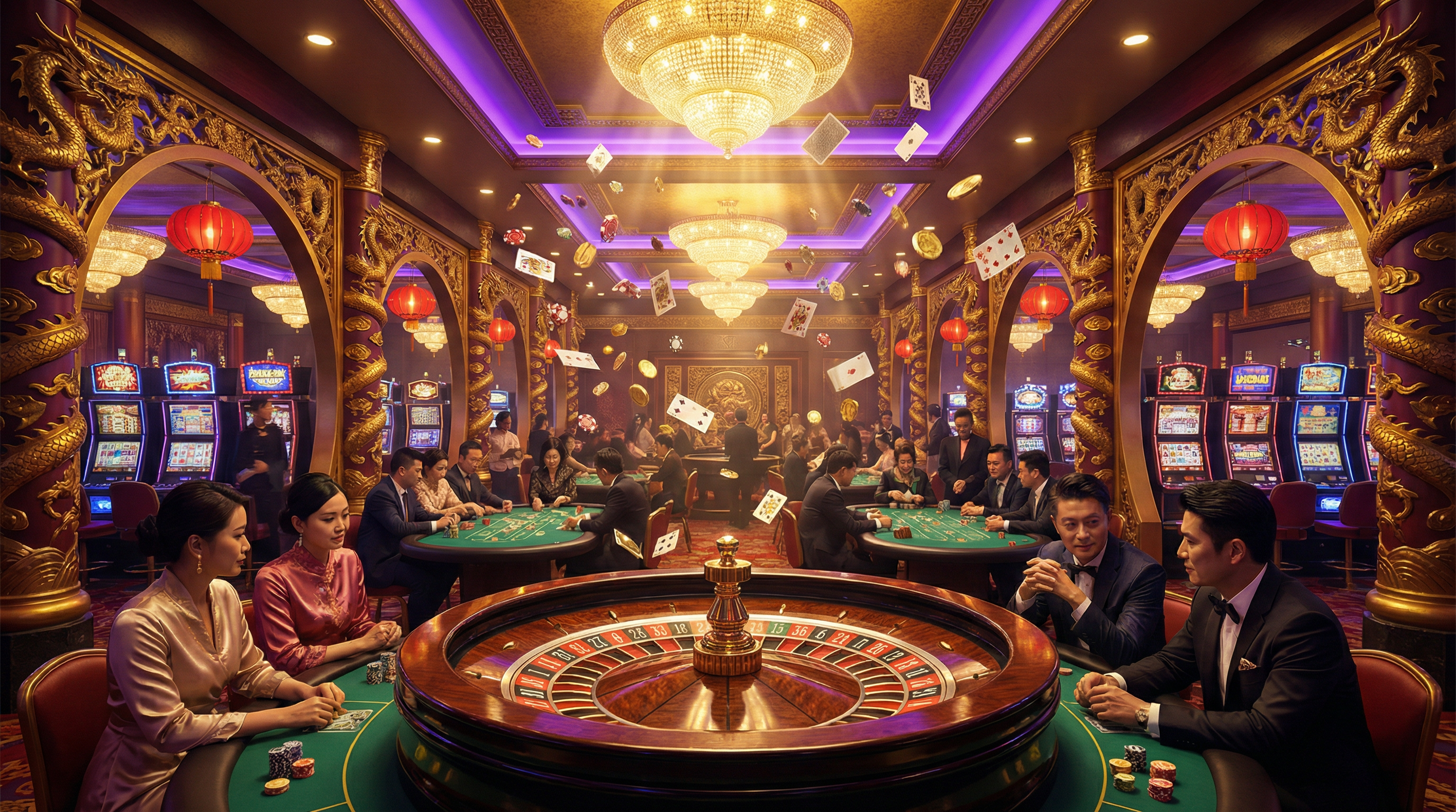 豪华赌场大厅内的百家乐游戏桌,展示真人荷官发牌场景